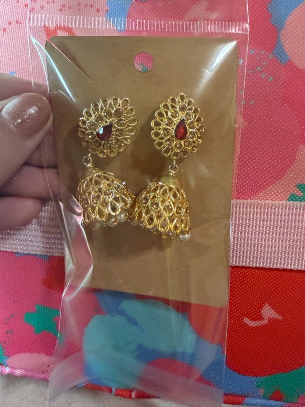 Gold Jhumka Earrings Garnet Red Stone Indian Statement Jewelry